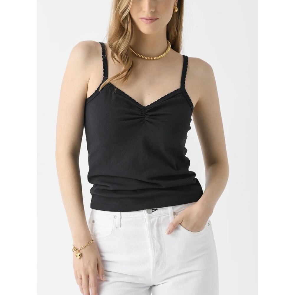 AMO Scallop Knit Cami Tank Top Sz M Vintage Black Ruched Y2K